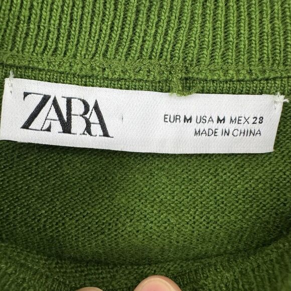 Zara Sweater Women M Green Knit Cropped Crew Neck Long Bishop Sleeve Relax Fit - Picture 2 of 9